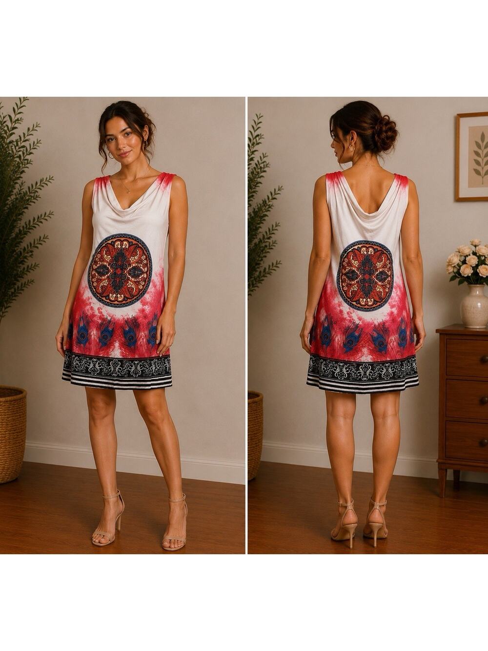 Women’s Boho Peacock Print Sleeveless Dress L/XL Multicolor Casual Summer Midi